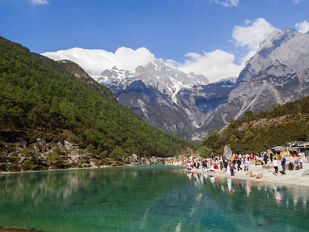 View of the Blue Moon Valley and the Jade Dragon Snow Mountain (or Yulong Snow Mountain). In Lijiang, Yunnan, China