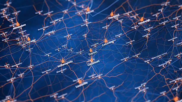 visualización de big data del mapa de dayton. infografía de mapa futurista de la ciudad en ee. uu. complejidad visual de los datos del mapa en colores azules y naranjas modernos - orange ohio fotografías e imágenes de stock