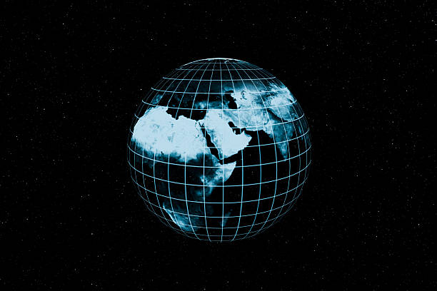Digital 3D globe with grid lines showing Earth in space, symbolizing global communication, technology, geography, and connection against a dark starry universe background.