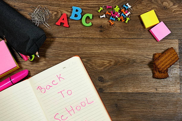 istock Back-to-School Supplies on Wooden Desk with Open Notebook and Snacks 2233036177