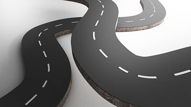 istock Two lane road on white background. Winding walkway. Uncertain path in travel. ,3d rendering 2233038924