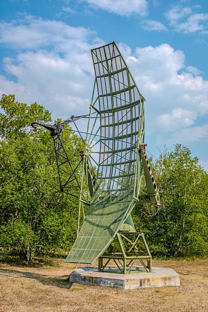 Gypsumville, Manitoba, July 29, 2025:  A historic look at the past - A relic of the ColdWar, the FPS-507 height finder radar at the now de-commissioned and abandoned Canadian Forces Base Gypsumville stands as a historic sentinel that watched over Canadian skies.