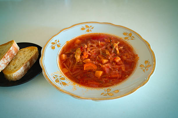 Ukrainian borscht in a plate is on the table