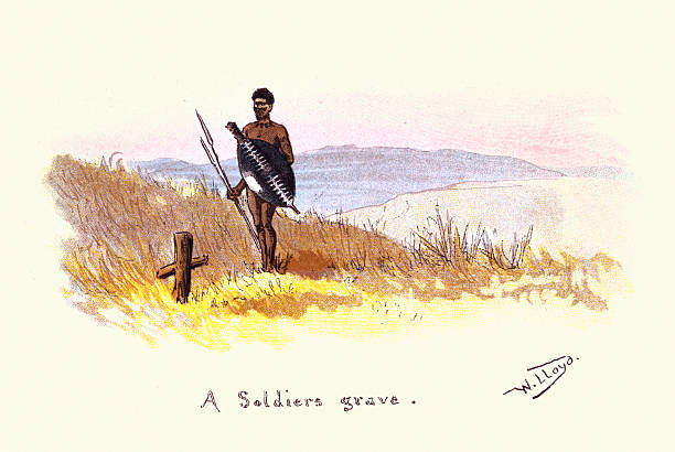 Military history, Zulu warrior standing over a soldiers grave, 1890, 19th Century