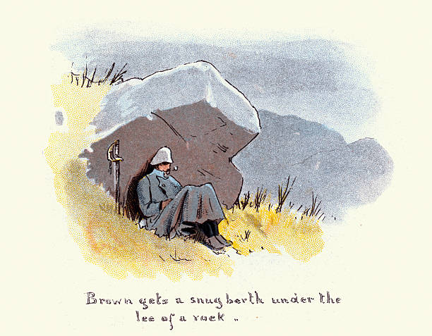 Military history, British army, soldier wearing great coat, on look out sheltering in lee of a rock, 1890, 19th Century