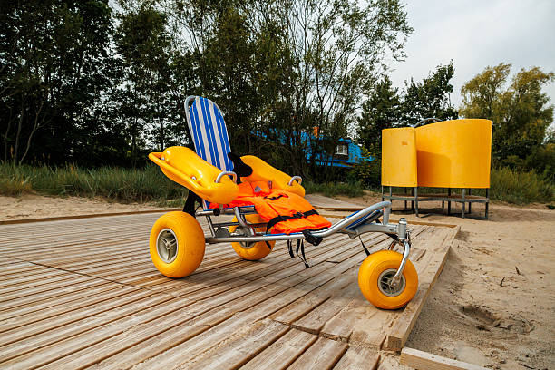 istock Beach Wheelchair with Flotation Devices on Wooden Boardwalk 2233068164