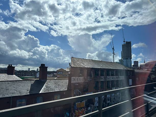 Oldbury, West Midlands, UK, August 27th 2025, Urban Landscape Featuring Graffiti Buildings and Blue Sky