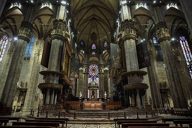 istock Central Aisle of Milan Cathedral with Gothic Columns 2233073507