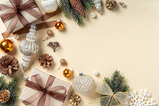 istock Luxury Christmas decorations on beige background with copy space. 2233075046