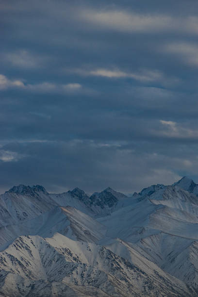 Snowy peaks of Kyrgyz mountains bathed in the last light of day. The dramatic clouds and soft glow on the ridges create a powerful and mysterious atmosphere, capturing the raw beauty of nature