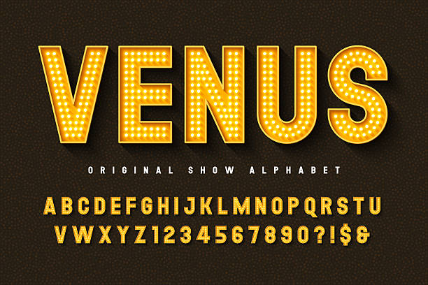 Bright lights show alphabet design, LED lamps letters and numbers. Original design