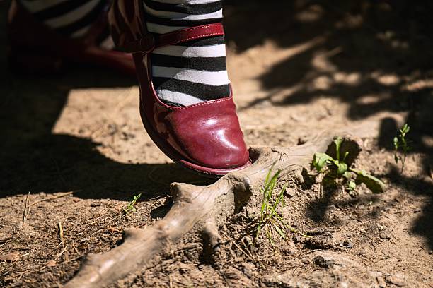 A teenager's foot in a red leather shoe tripping over a tree root on a forest path.