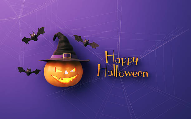 3d render Jack O' Lantern pumpkin with witch hat on purple soft background with Spider Webs Bats and Happy Halloween text, Halloween Concept