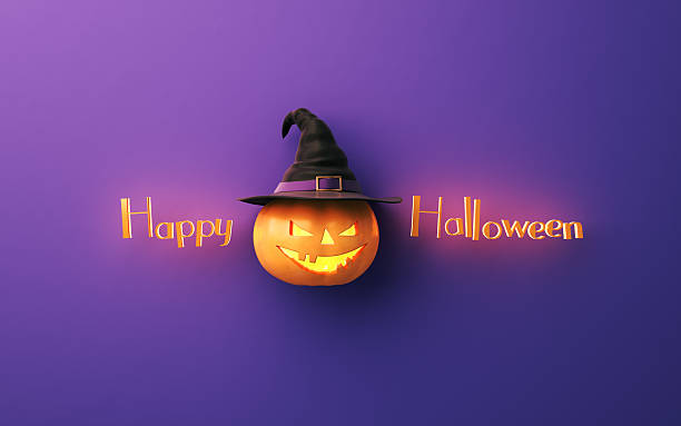 3d render Jack O' Lantern Pumpkin with Witch Hat on Purple Soft Background and Happy Halloween Text, Halloween Concept