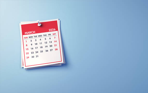 istock March 2026 Calendar on Light Blue Background, White pushpin 2233086212