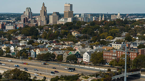 Providence, Rhode Island remote Downtown view. Highway 195 / i-195 with traffic on it.