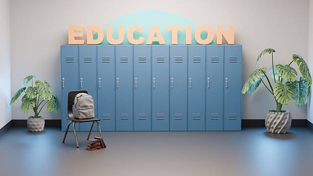 istock Education text with lockers, backpack and chair for school season theme 2233090995