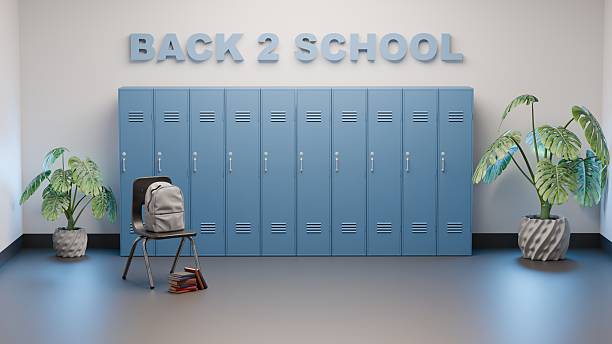 istock Blue Back 2 School lettering with lockers and plants in modern hallway 2233090999