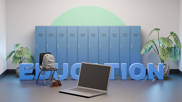 istock Back to school concept with laptop, backpack, lockers and modern design 2233091076