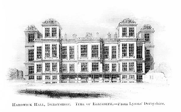 Elizabethan era country estate Hardwick Hall,  Derbyshire, England. Engraving published 1877. Original edition is from my own archives. Copyright has expired and is in Public Domain.