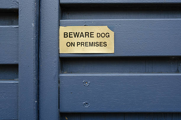 Beware of the dog, Warning messagel, text on blue sign. Label on metal rusty wire mesh fence background inform about caution, danger canine attack, attention.