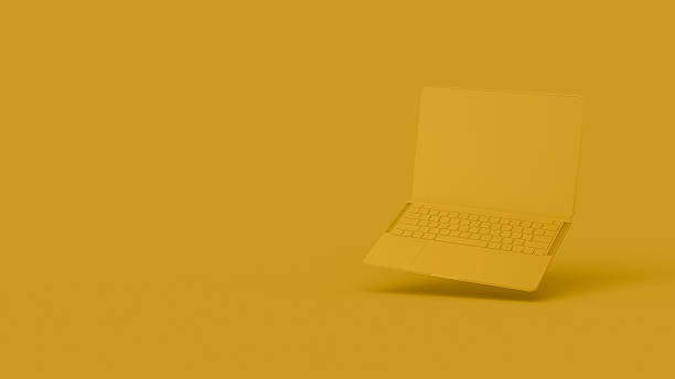 istock Minimalist 3D render of a floating laptop on solid yellow background 2233105767