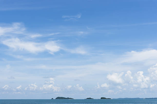 Panoramic view of clear blue sky and clouds, Blue sky background with tiny clouds. White fluffy clouds in the blue sky. Captivating stock photo featuring the mesmerizing beauty of the sky and clouds.