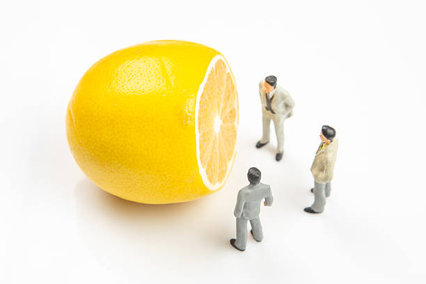 istock Miniature figures examine a large lemon in a curious arrangement during a creative setup 2233112309