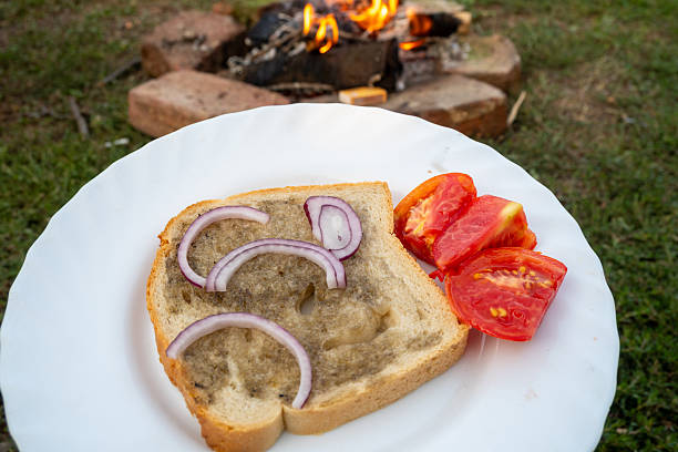 Traditional hungarian campfire food - lard with bread