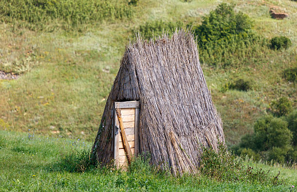 A small hut with a door and a window sits in a grassy field. The hut is made of wood and straw, and it is a simple structure. Concept of simplicity and tranquility