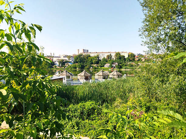 istock Lakeside view with huts surrounded by greenery in summer 2233120597