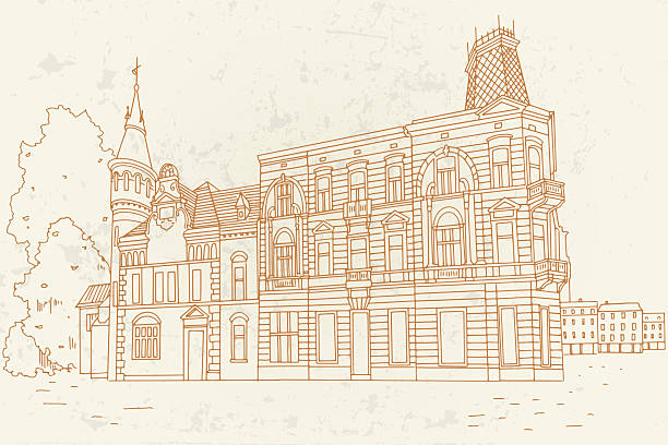 vector sketch of street scene in Ivano-Frankivsk, Ukraine. Artistic retro style.