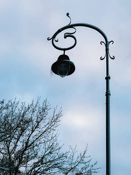 istock Ornate street lamp adorned with icicles hangs gracefully on cloudy winter day, while bare tree branches create serene silhouette in foreground, enhancing tranquil atmosphere. Street lamp with icicles 2233125063