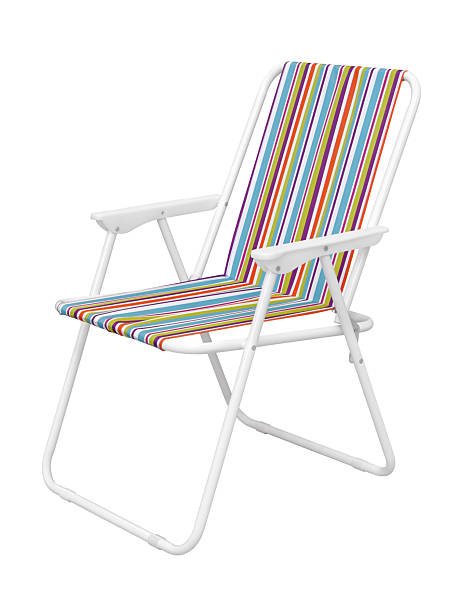 Folding beach chair, white steel framework, multicolor striped fabric seat, isolated on white background