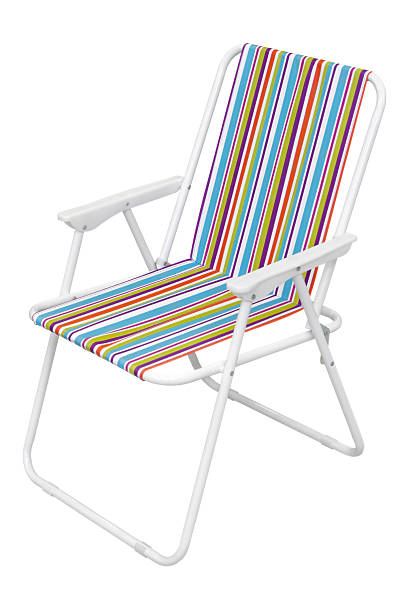 Folding beach chair, white steel framework, multicolor striped fabric seat, isolated on white background