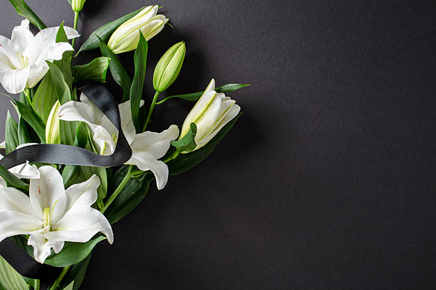 istock Sympathy card with lily flowers on dark background 2233130973