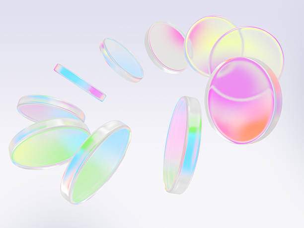 istock Abstract 3d background, glass circle disks with iridescent holographic gradient. Pearlescent rainbow crystal round plates blue, green, pink, yellow colors with circular motion effect 2233132273