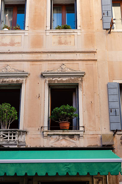 istock Historic Venetian building with shuttered windows, plants, and classical facade details under blue sky 2233133087