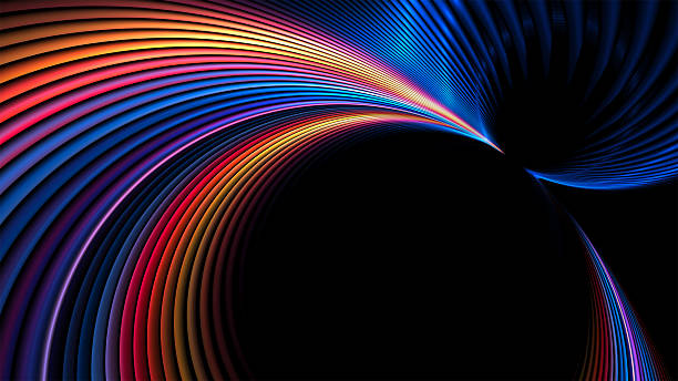Neon curves abstract background with circular copy space. Fractal render. Colorful glowing stripes.