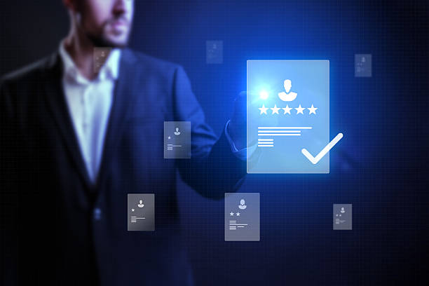 istock Expert evaluating digital reviews and ratings in a modern virtual interface during evening hours 2233139480
