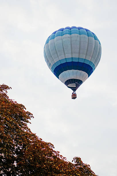 A blue and white striped balloon drifts peacefully into the bright sky above the rich, deep colors of the fall foliage.