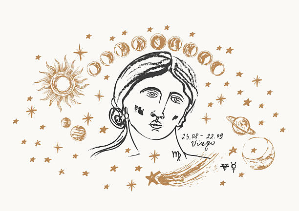 Hand drawn virgo zodiac sign illustration, horoscope background with sun, moon, stars, comet.