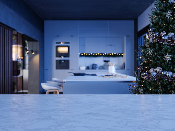 istock Modern Kitchen Interior with Christmas Tree and Festive Decorations at Night 2233142837