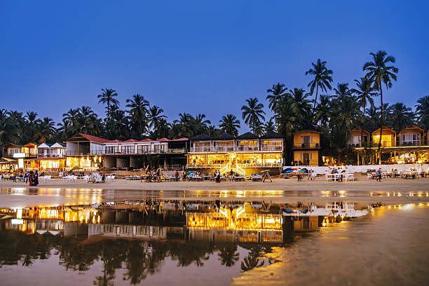 istock Lit Beachfront Huts at Dusk in a Vibrant Seaside Village in Goa, India 2233143859