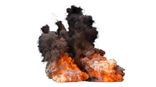 istock Two Isolated dramatic large explosions with intense billowing flames and thick grey smoke against white 2233144153