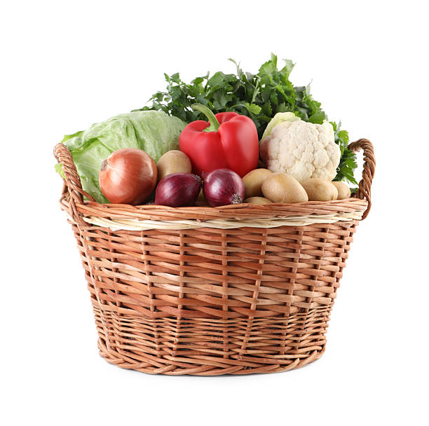 istock Different ripe vegetables in wicker basket isolated on white 2233144488