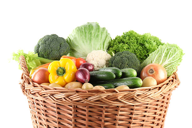 istock Different fresh vegetables in wicker basket isolated on white 2233144584