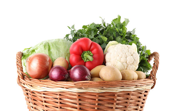 istock Different ripe vegetables in wicker basket isolated on white 2233144652