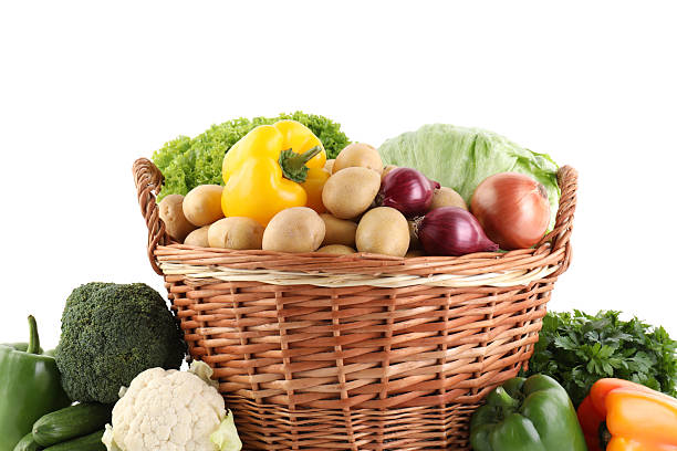 istock Different ripe vegetables in wicker basket isolated on white 2233144686