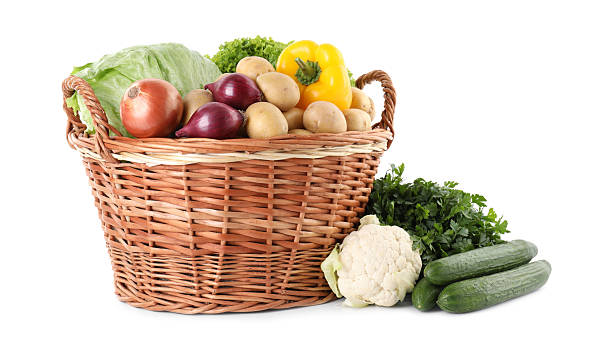 istock Different ripe vegetables in wicker basket isolated on white 2233144687
